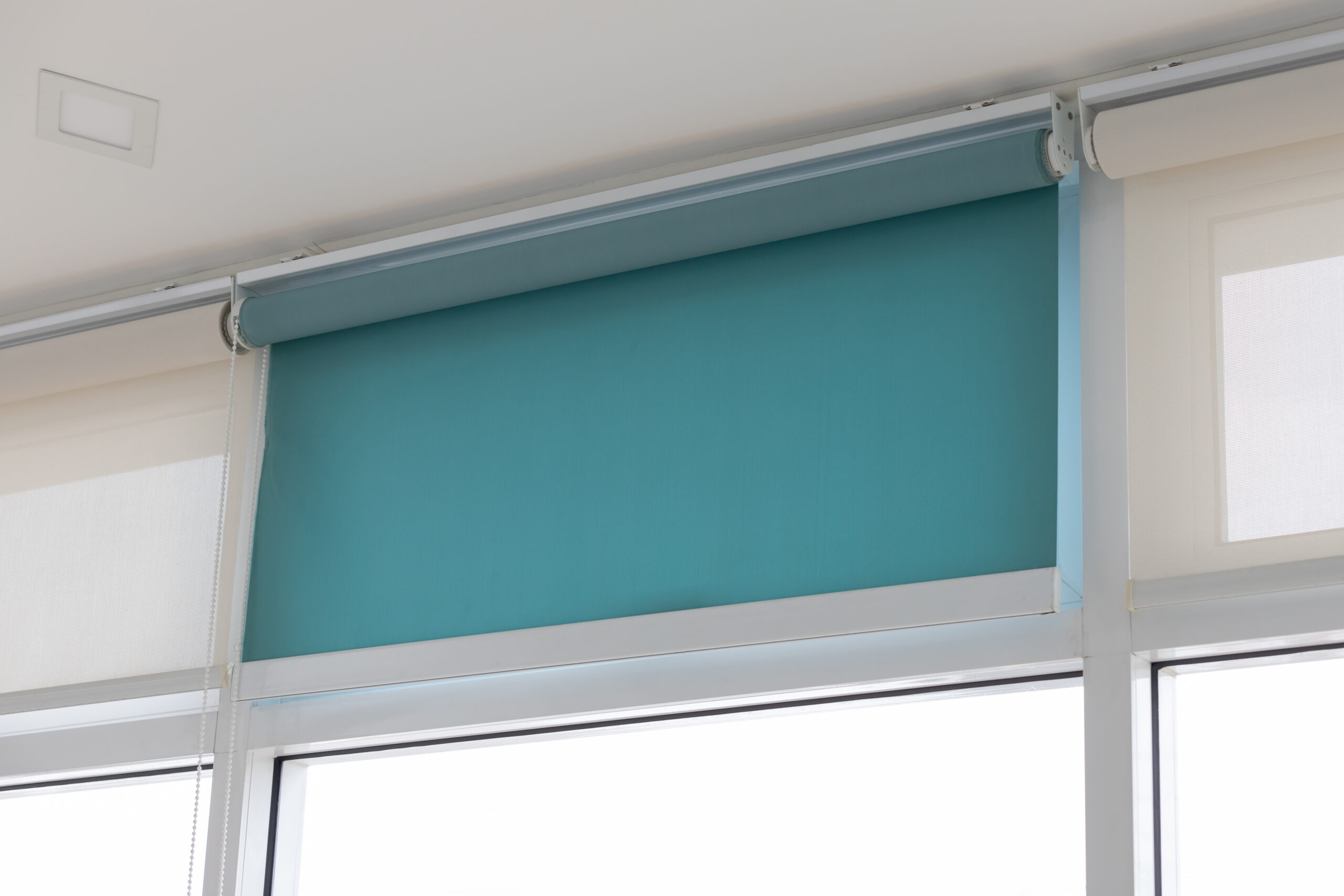 green and white roller blind curtain.