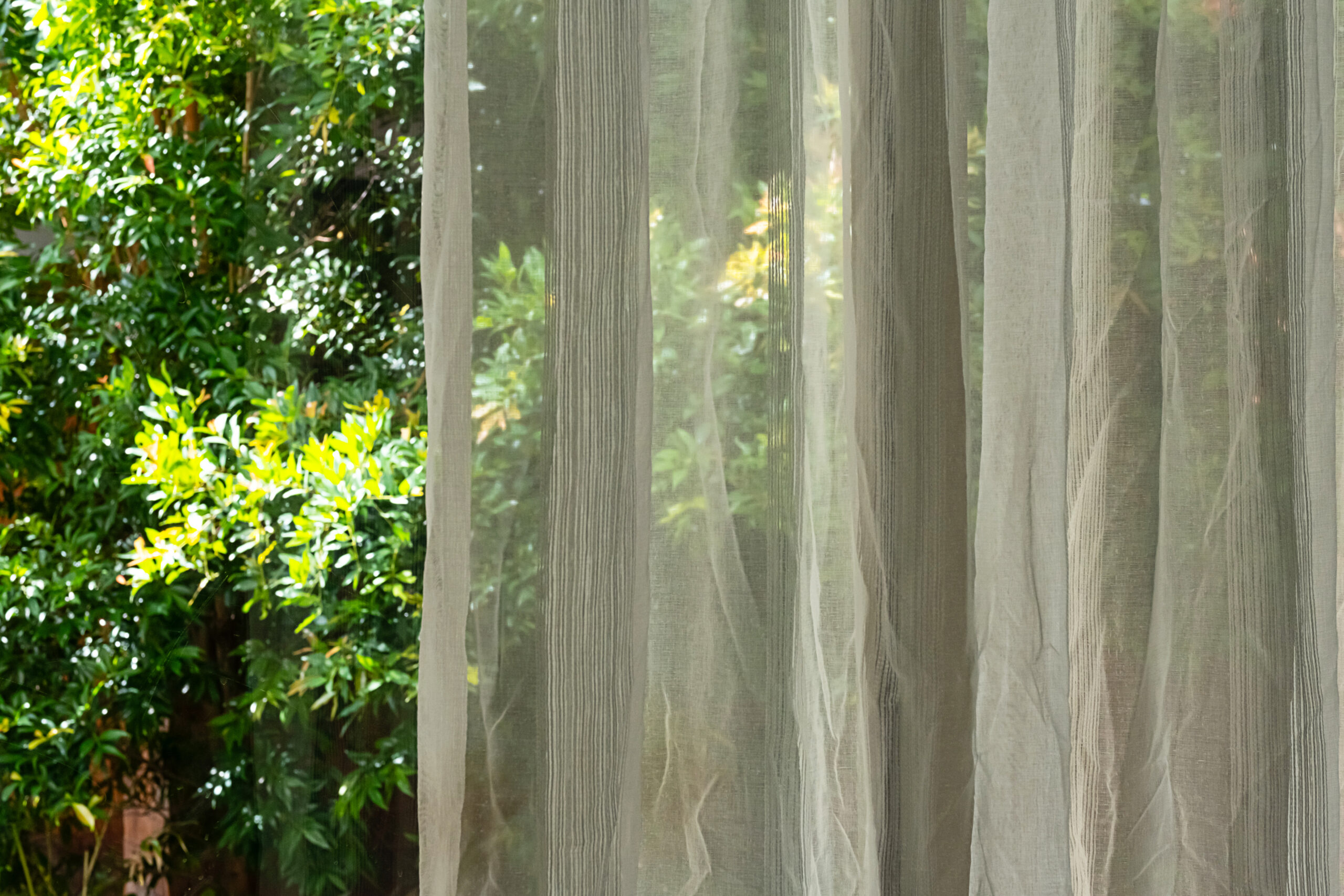 Sheer curtains with green trees visible through them.