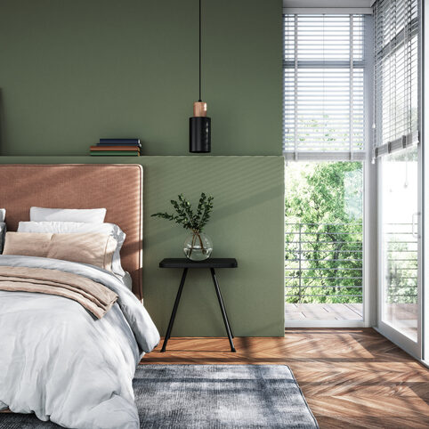 Modern interior of bedroom with green wall, 3d render