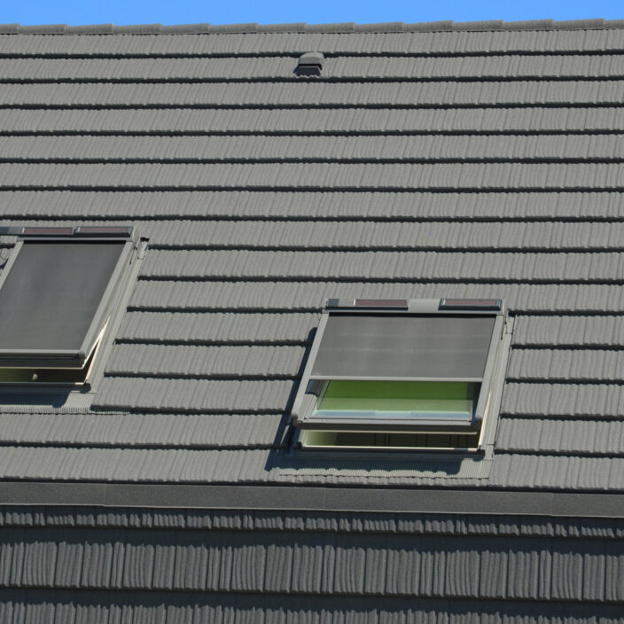 Outdoor automatic sliding canopy retractable roof system, skylight window blinds, awning for sunshade of a modern passive house.