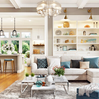 Open plan living room with large kitchen